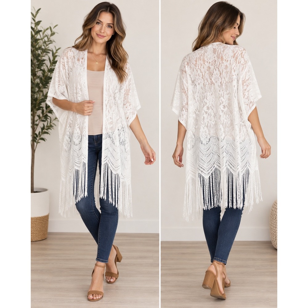 Siren Lily Maternity White Lace Kimono Size L Fringe Boho Layering Top